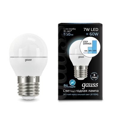 Лампа светодиодная E27- 7W-4100К Gauss LED Globe step dimmable