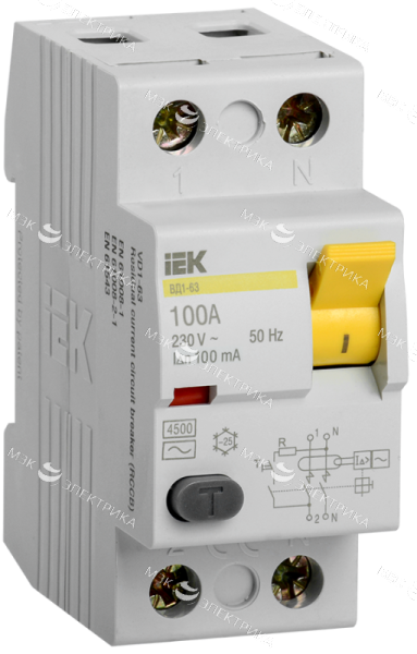 Выключатель дифференциального тока (УЗО) 2п 100А 100мА тип AC ВД1-63 IEK MDV10-2-100-100