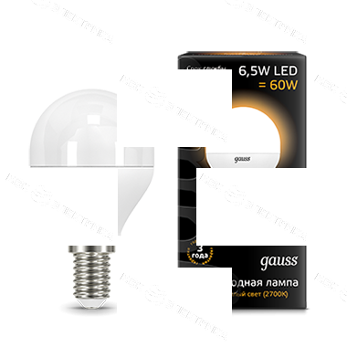 Лампа светодиодная Black 6.5Вт P45 шар 3000К тепл. бел. E14 520лм GAUSS 105101107