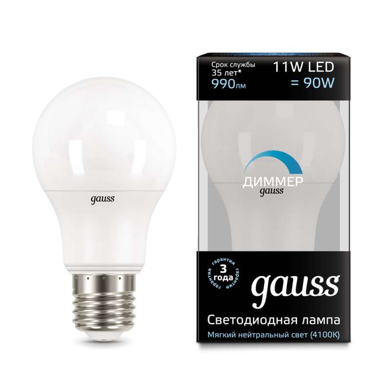 Лампа светодиодная E27-11W-4100К Gauss LED A60-dim диммируемая