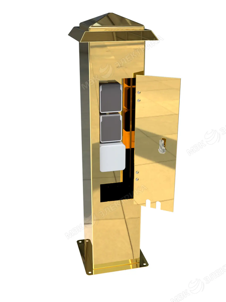 Стойка уличная с розетками из нержавеющей стали с дверцей и 4 розетками IP54 золотой
