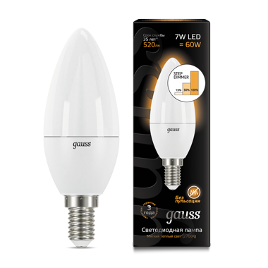 Лампа светодиодная E14- 7W-3000К Gauss LED Candle step dimmable