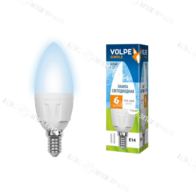 Лампа светодиодная E14- 6W-белый-С37 Серия Simple Volpe (свеча матовая)