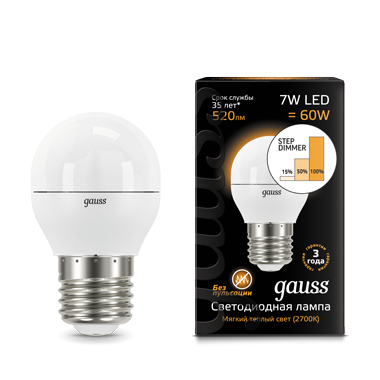 Лампа светодиодная E27- 7W-3000К Gauss LED Globe step dimmable