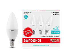 Лампа светодиодная Elementary 6Вт свеча 4100К нейтр. бел. E14 450лм промо (уп.3шт) GAUSS 33126T
